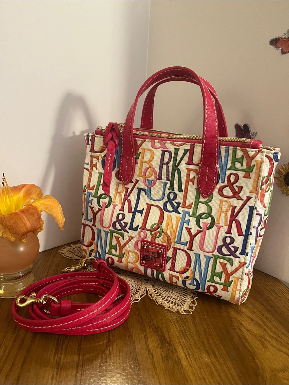 Dooney & Bourke Multicolor Logo Satchel with Hot Pink Trim